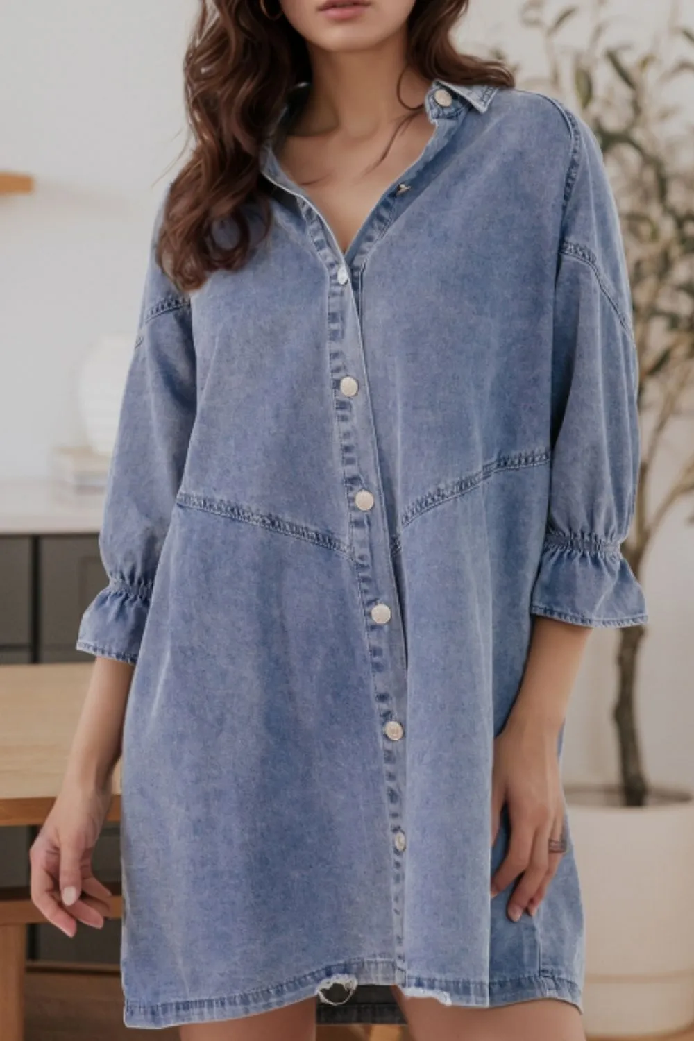 Distressed Collared Neck Flounce Sleeve Denim Dress, image 2
