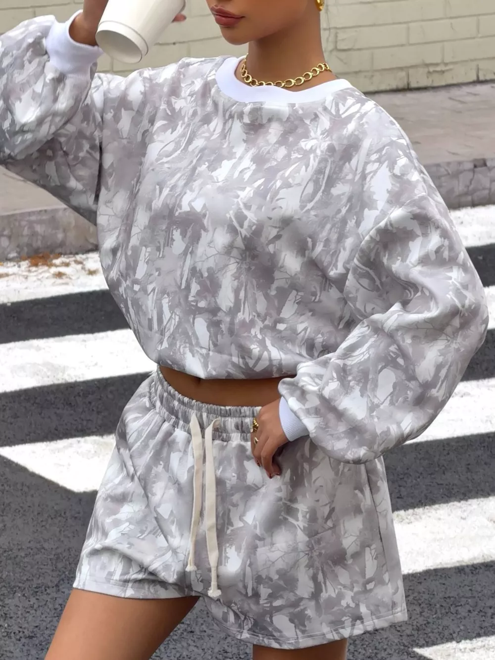 Round Neck Long Sleeve Top & Shorts Set, image 5