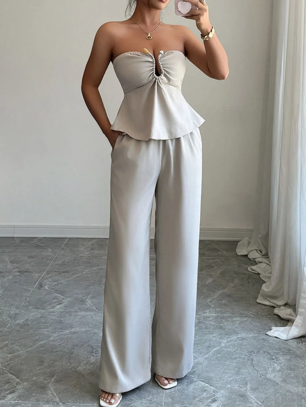 Ruched Tube Top and Pants Set, image 3
