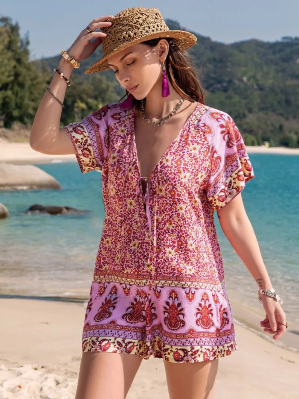 Printed V-Neck Short Sleeve Romper, image 6