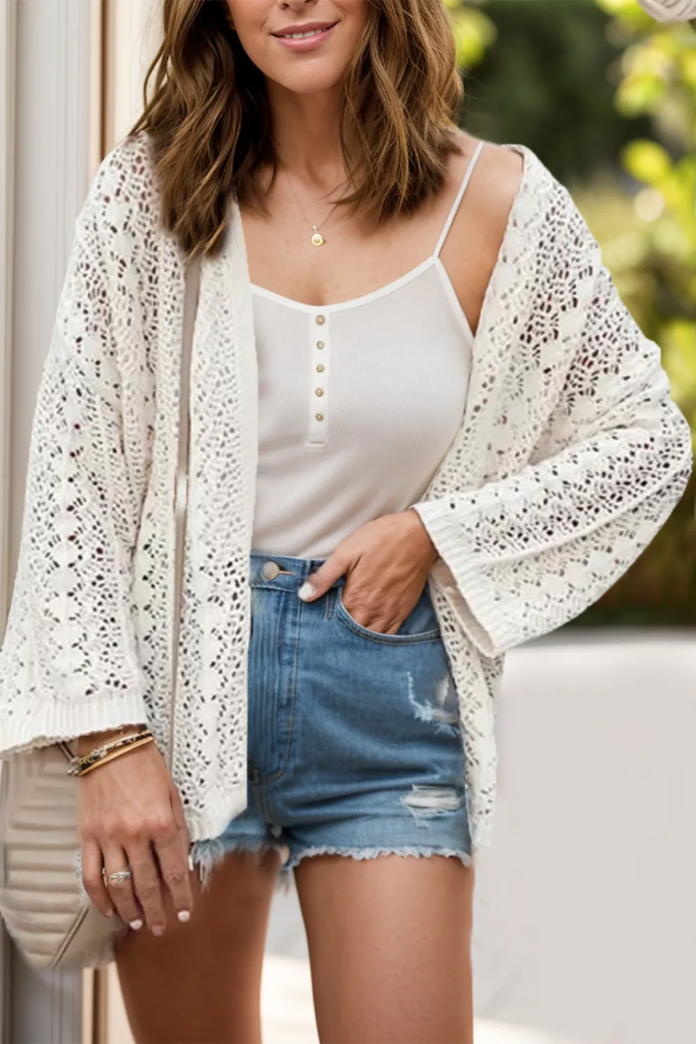 Openwork Open Front Dropped Shoulder Cardigan, image 7