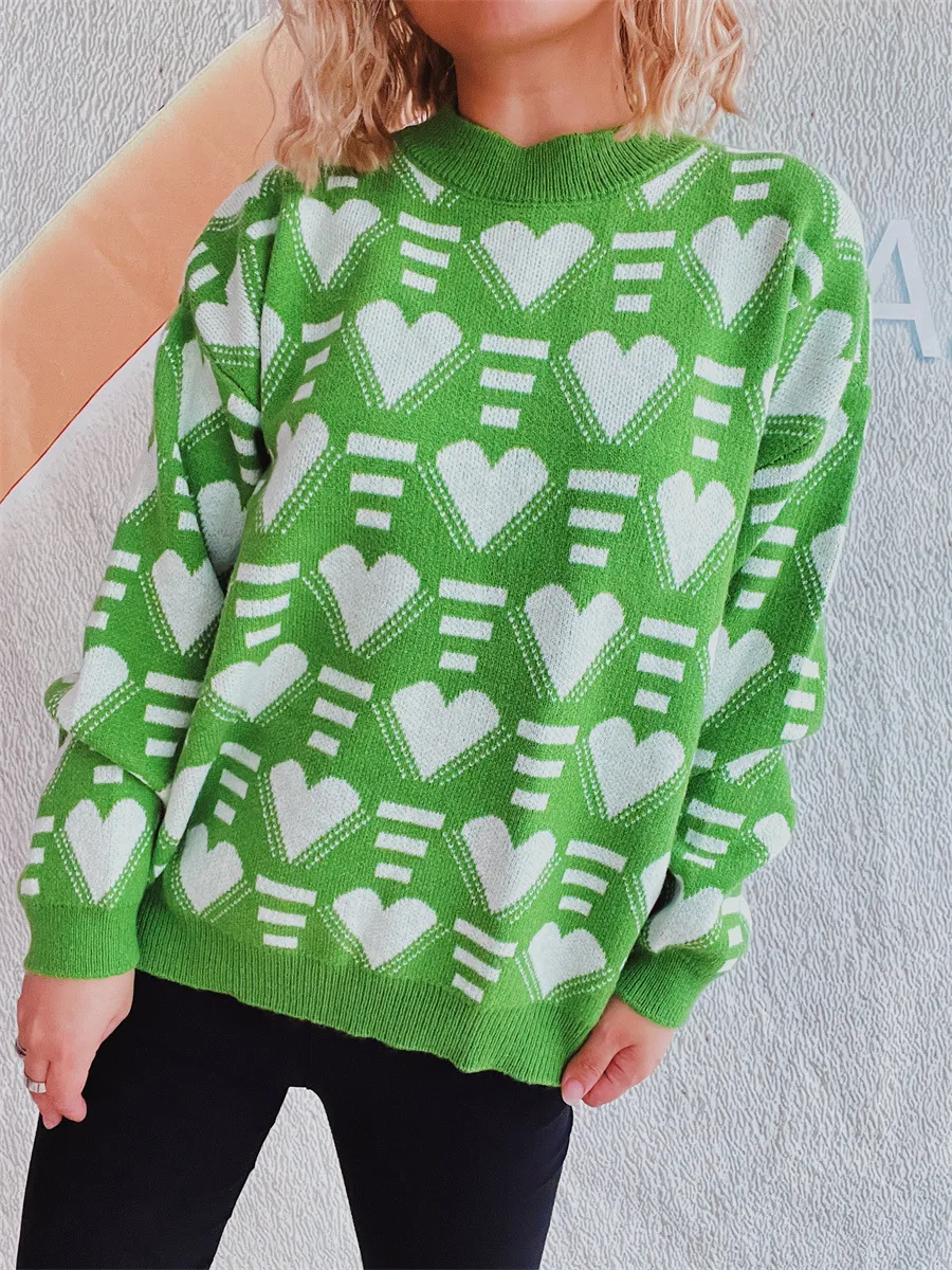 Heart Contrast Long Sleeve Dropped Shoulder Sweater, image 12