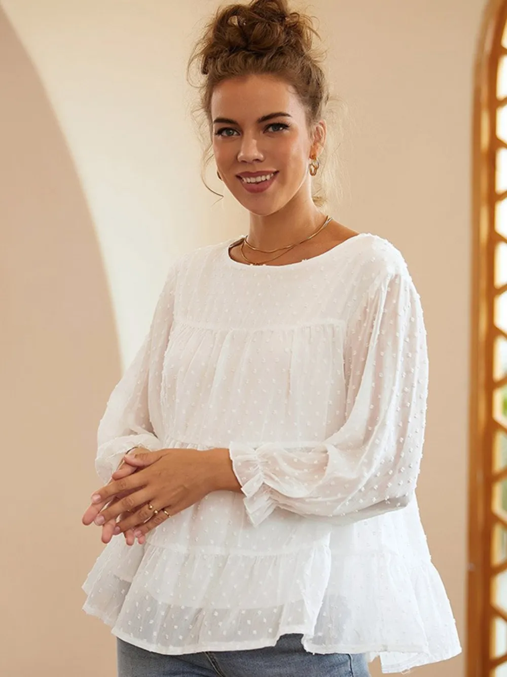 Swiss Dot Ruffled Round Neck Long Sleeve Blouse, image 3