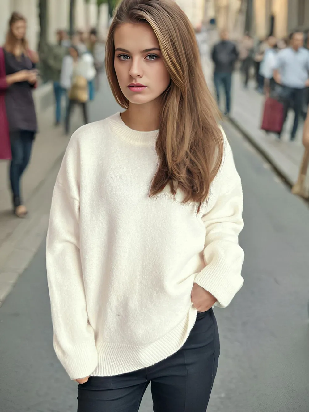 Round Neck Dropped Shoulder Long Sleeve Sweater, image 2