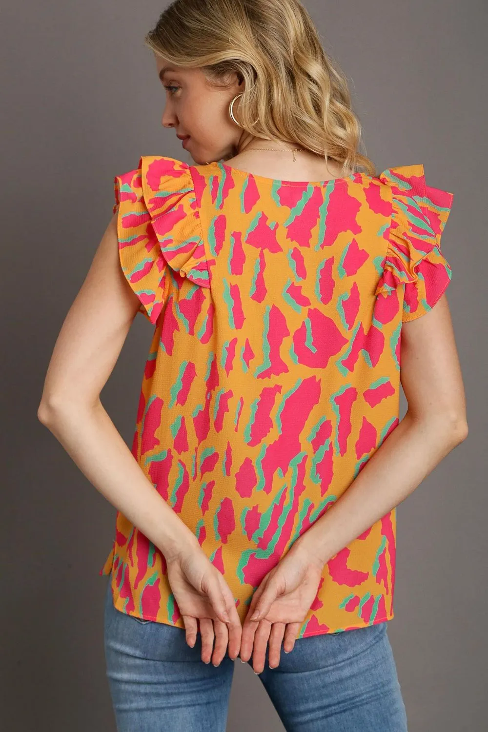Full Size Abstract Print V-Neck Double Layer Ruffle Sleeve Blouse Plus Size, image 2