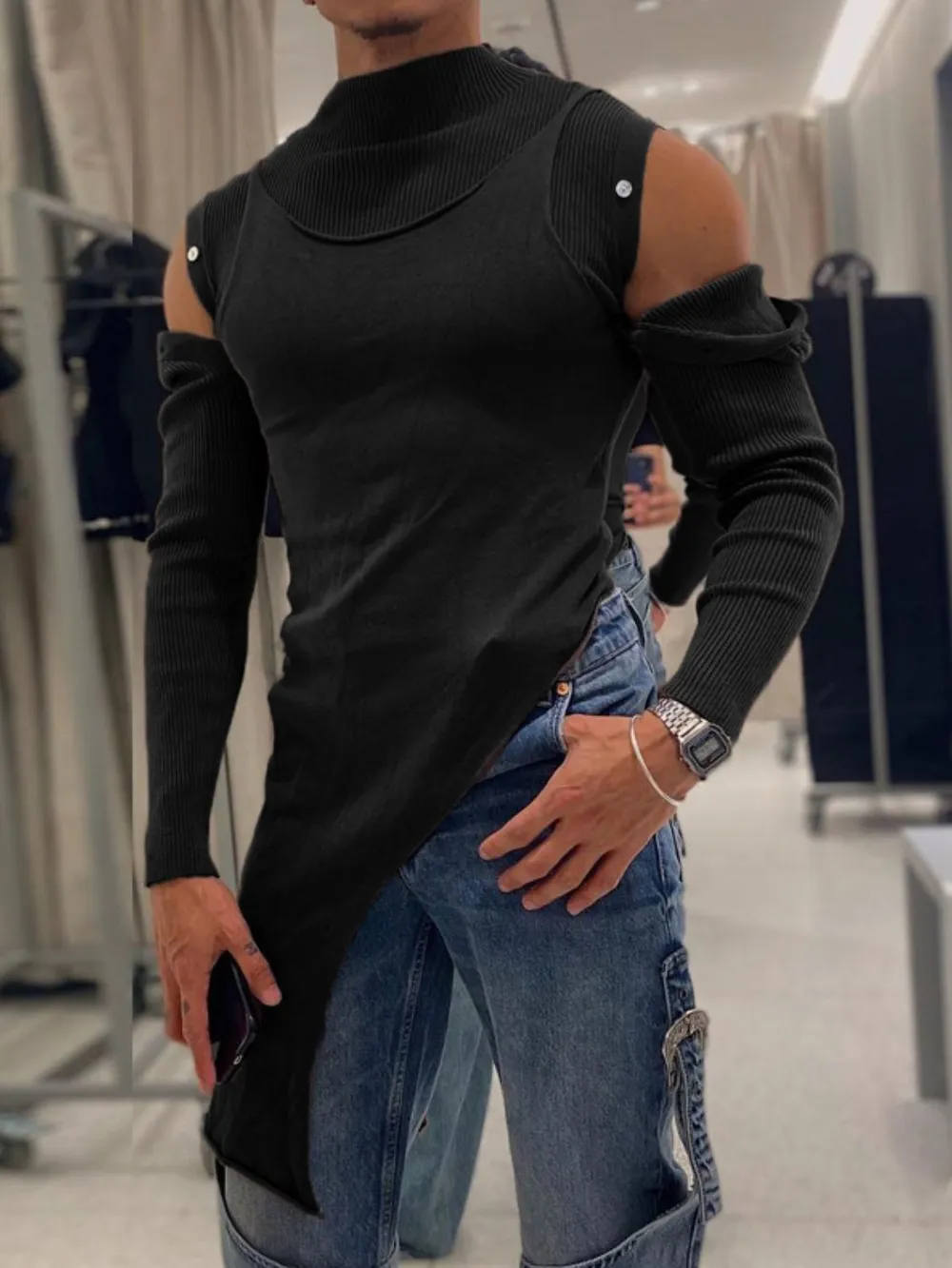Men's Asymmetrical Mock Neck Cold Shoulder Top, image 3