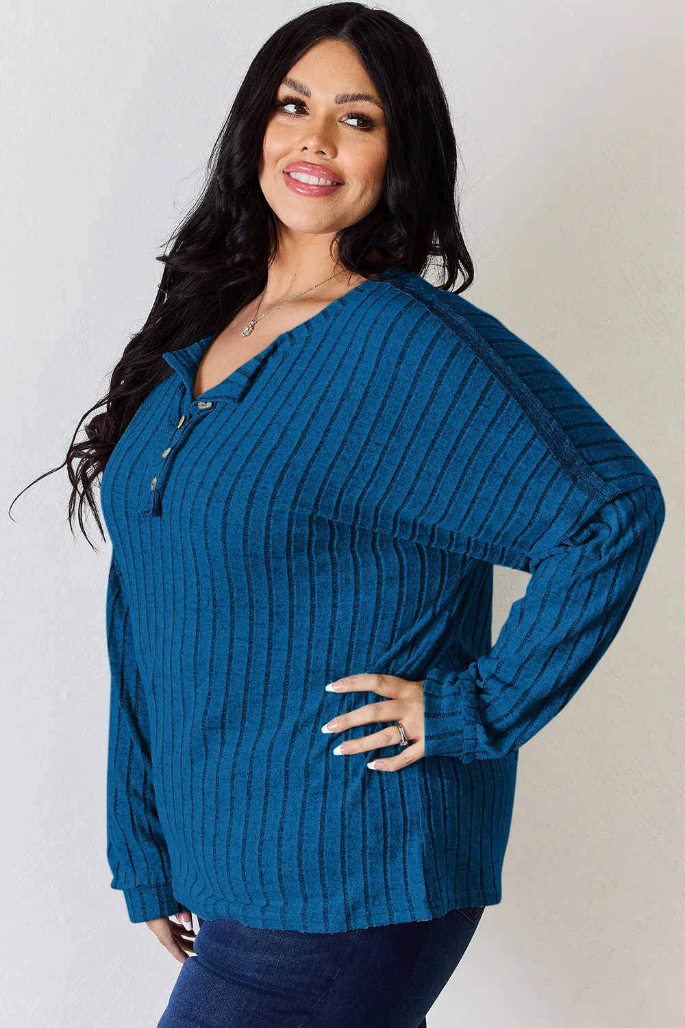 Full Size Ribbed Half Button Long Sleeve T-Shirt, image 26