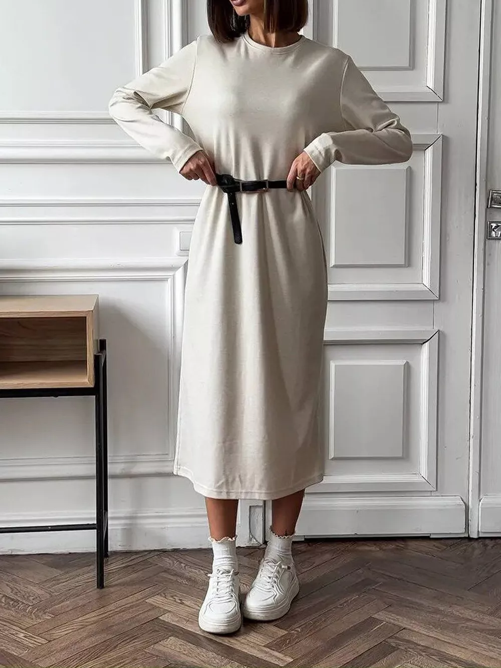 Round Neck Long-Sleeve Midi Dress, image 4