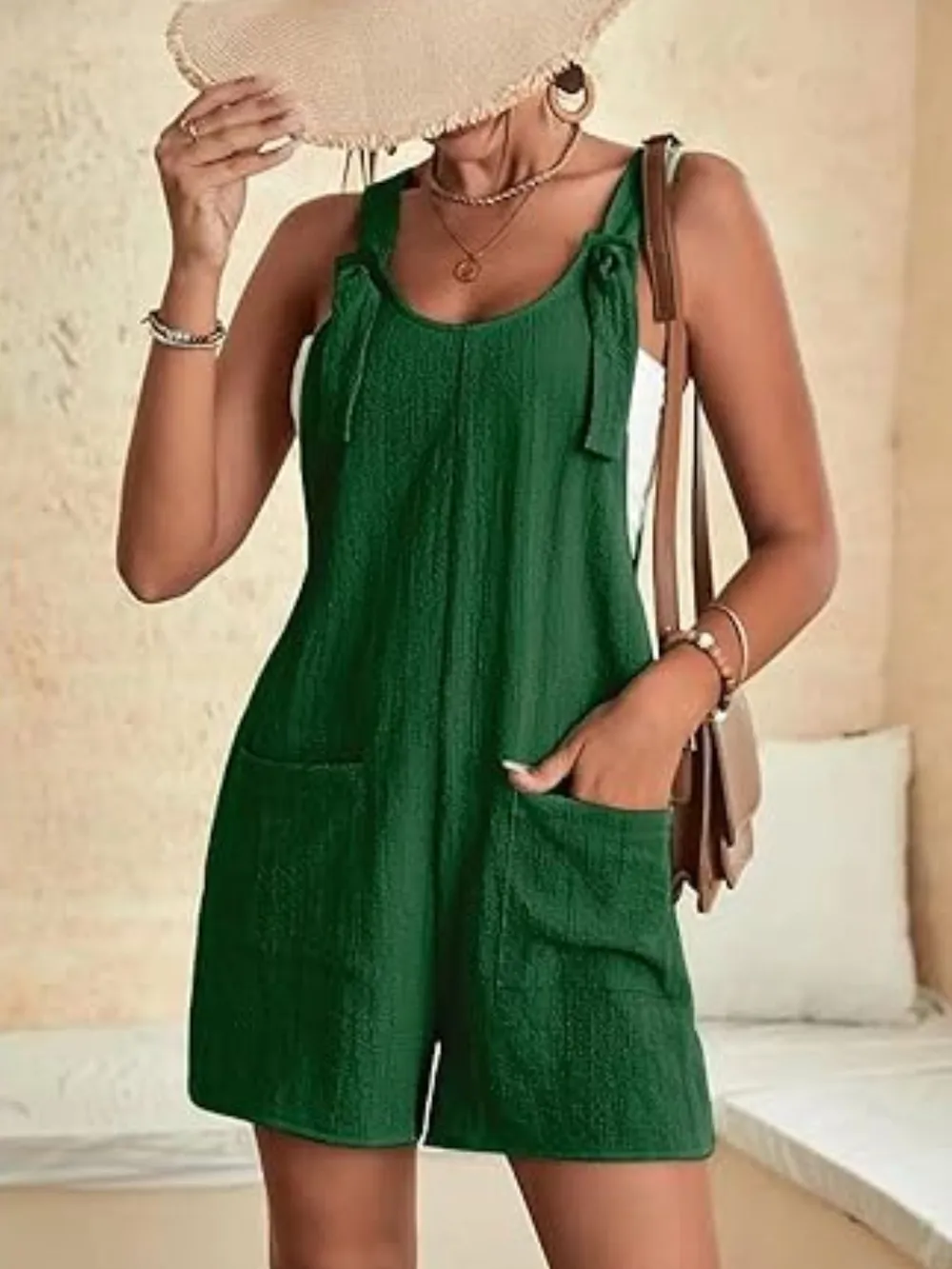 Full Size Knot Strap Romper with Pockets Plus Size, image 17