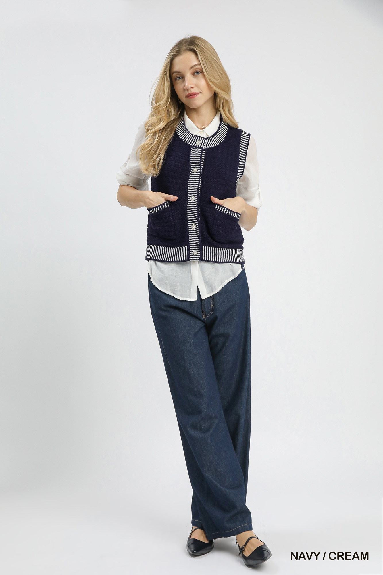 Contrast Striped Trim Button-Down Sweater Vest, image 4