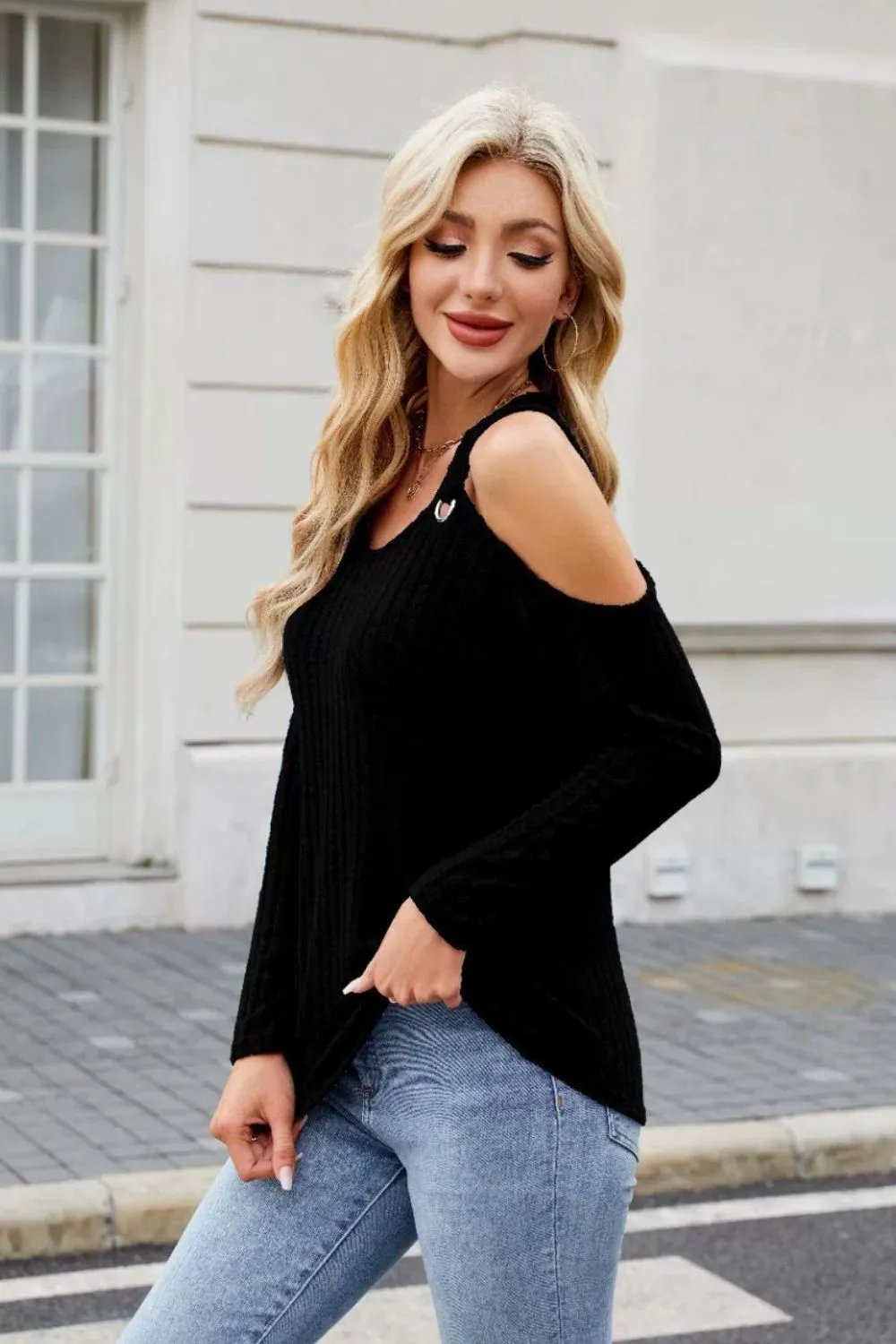 Ribbed Cold Shoulder Long Sleeve Top, image 12