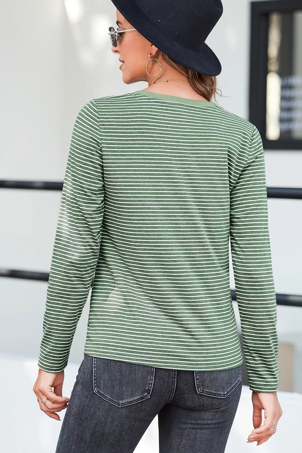 Stripe V Neck Stretchy Long Sleeve Top, image 9