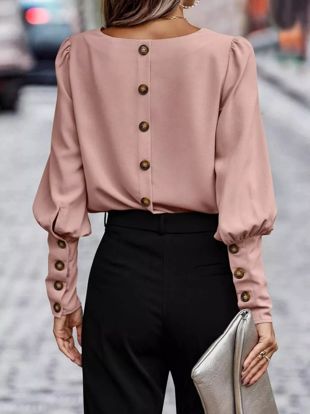 Back Button Lantern Sleeve Blouse, image 14