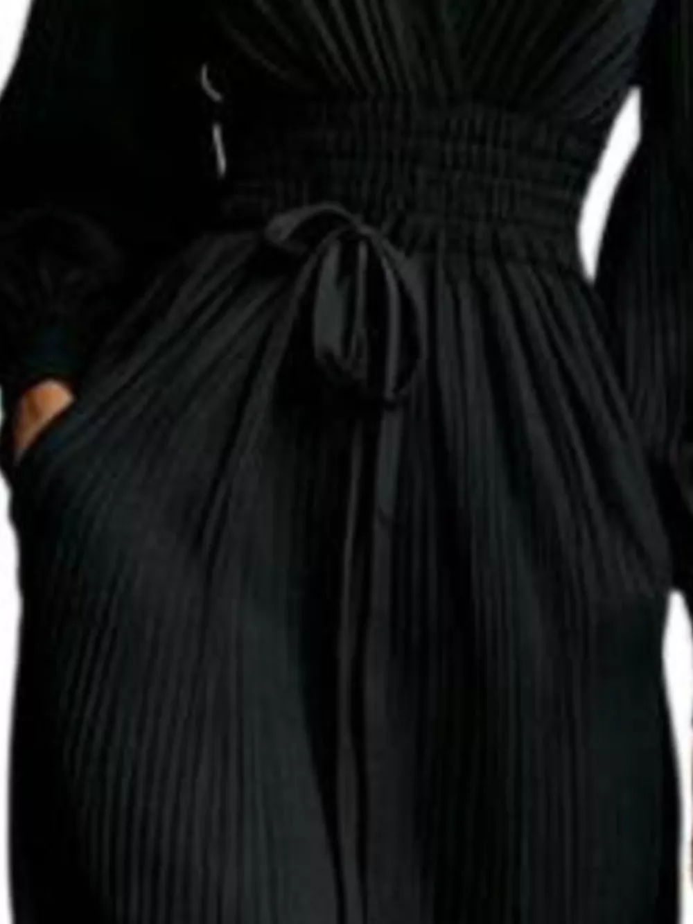 Elegant Pleated V-Neck Maxi Dress with Lantern Sleeves and Tie-Waist, image 4