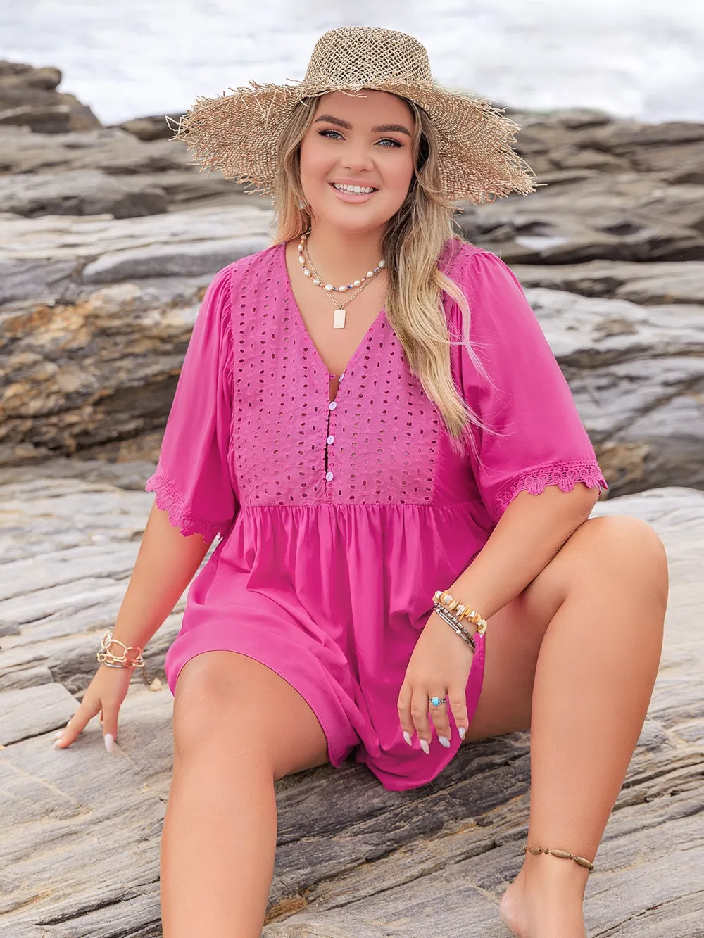 Plus Size Lace Detail V-Neck Half Sleeve Romper, image 7