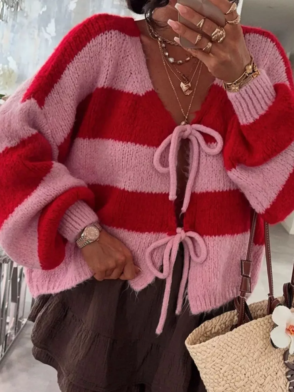 Striped Tie-Front Knit Cardigan, image 18