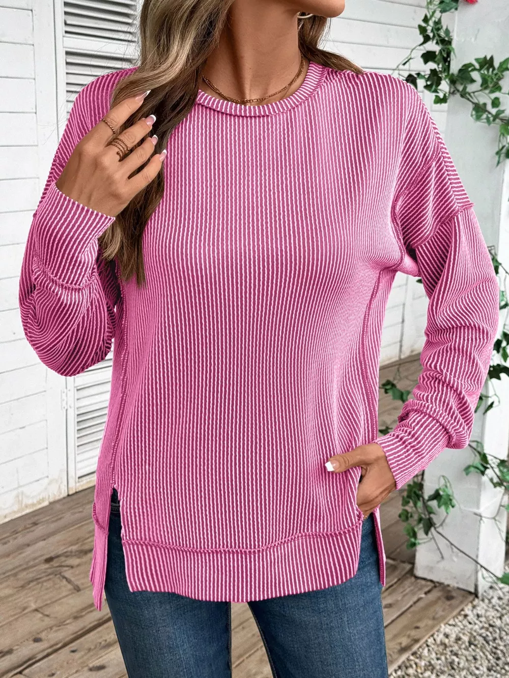 Side Slit Round Neck Sweatshirt, image 26