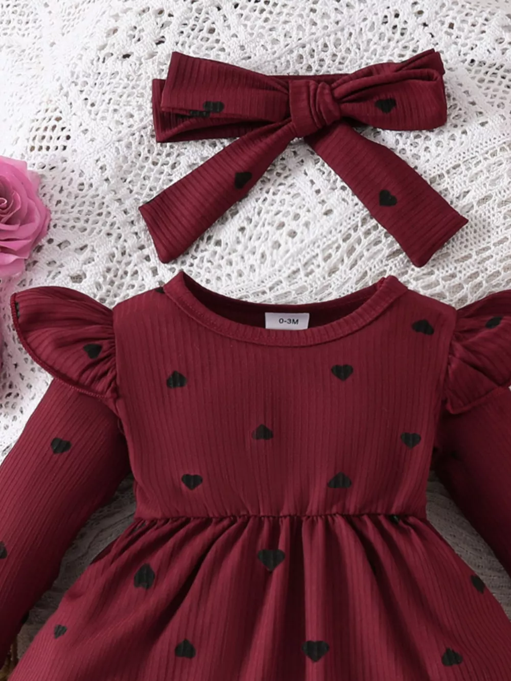 Children's Heart Print Ruffle Trim Bodysuit Dress with Headband, image 6