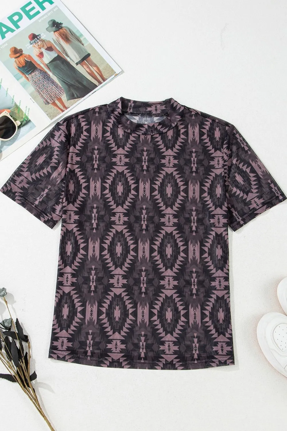 Aztec Print Mock Neck Short Sleeve Mesh T Shirt, image 10