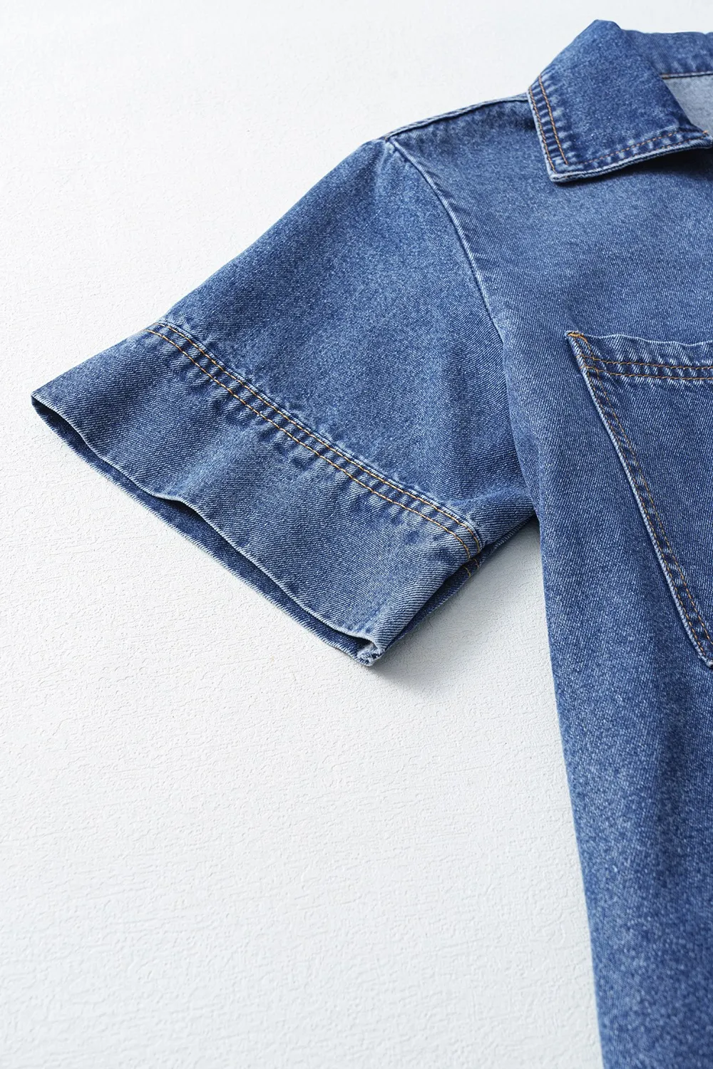 Short Sleeve Collared Patched Pocket Denim Mini Dress, image 17