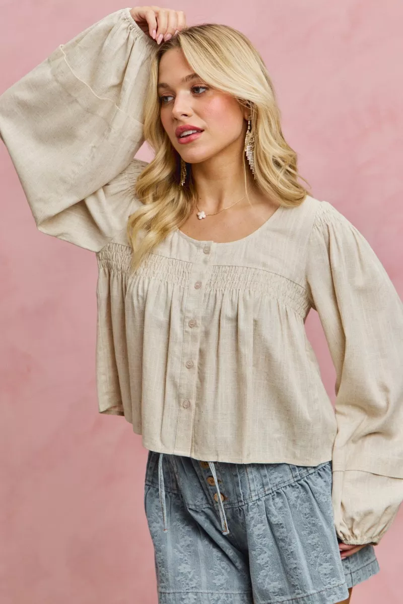 Linen Blend Woven Long Sleeve With Smocking Top, image 5
