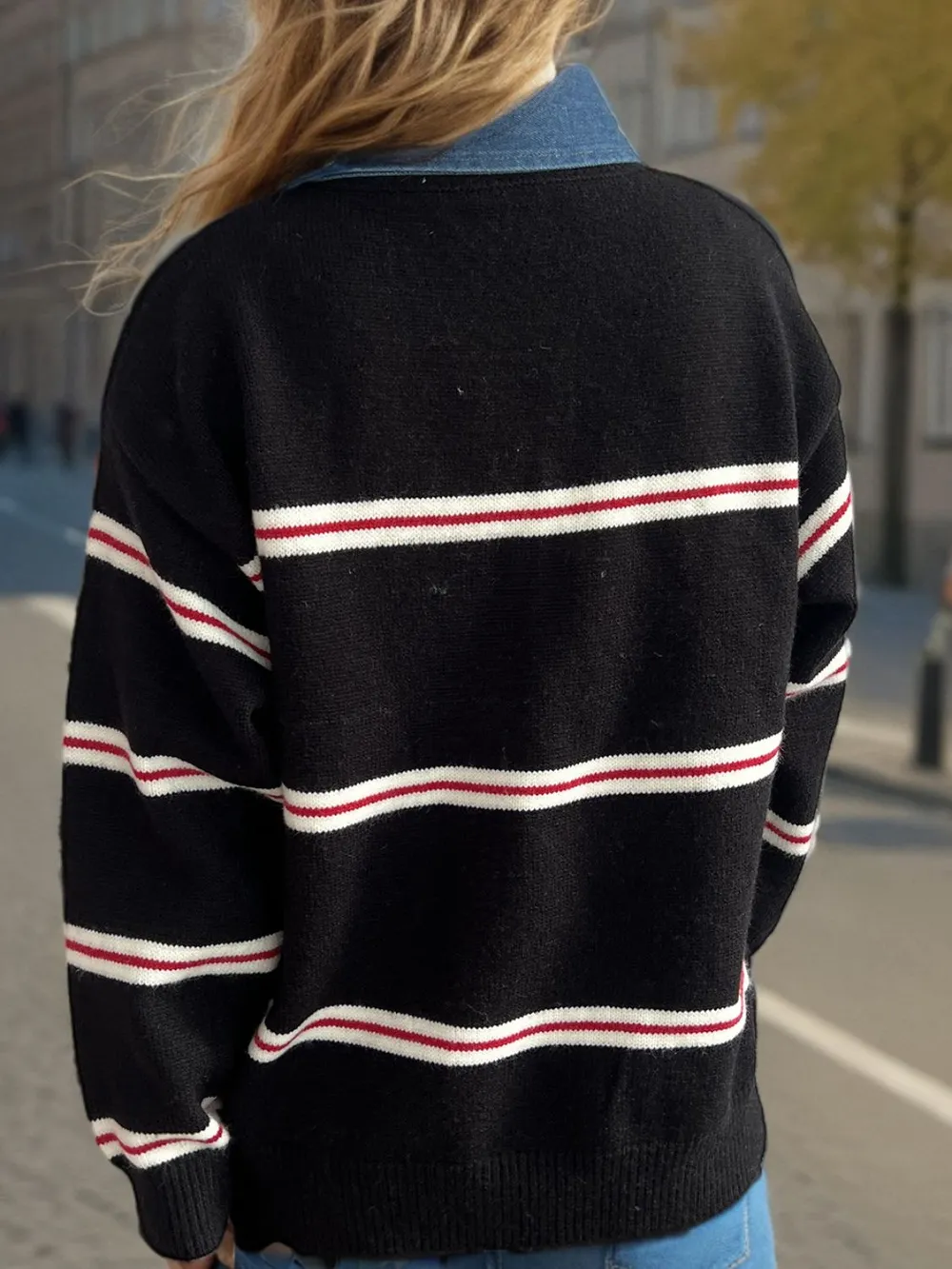 Contrast Stripes Round Neck Long Sleeve Sweater, image 7