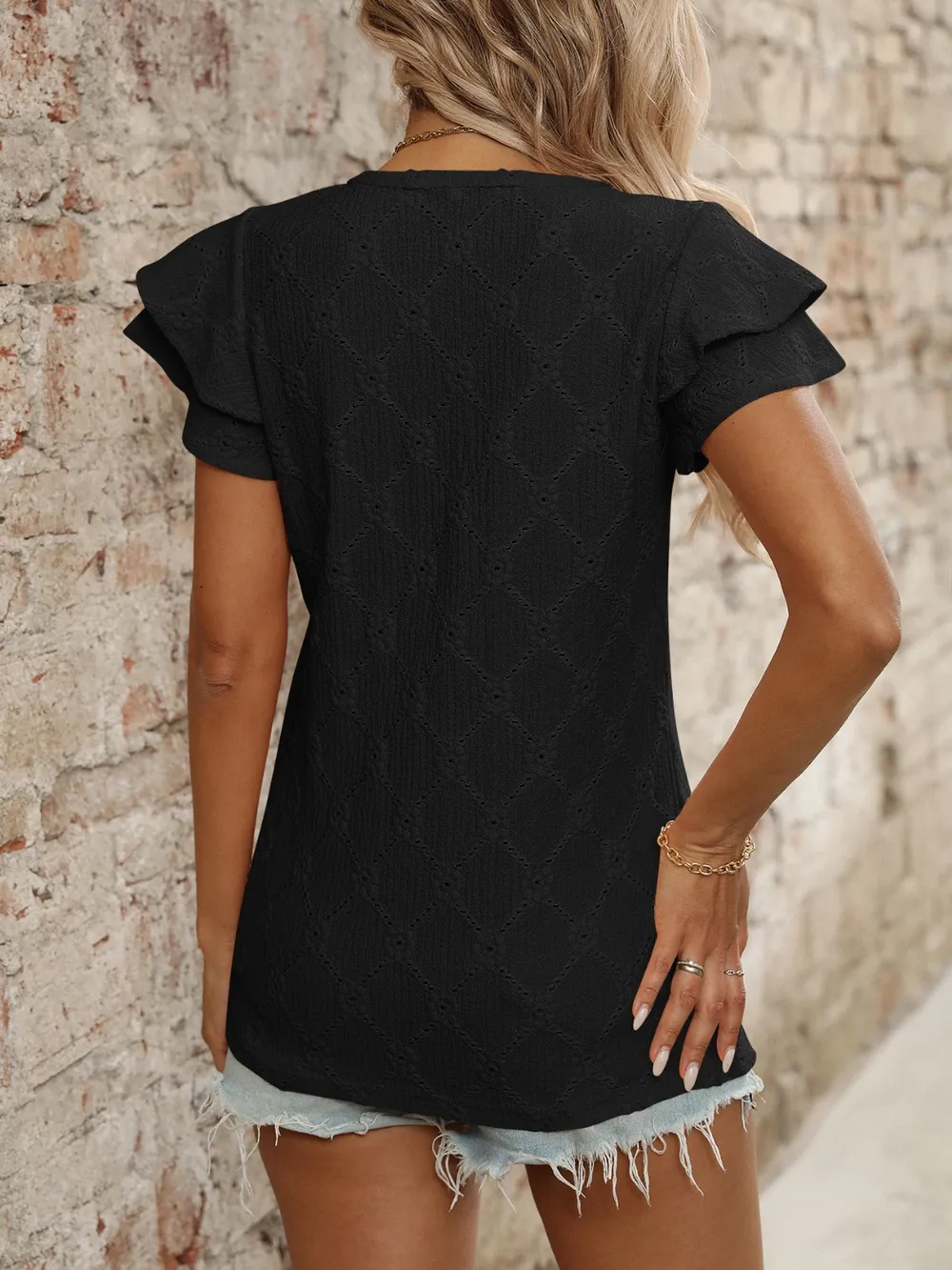 Eyelet V-Neck Ruffled Cap Sleeve Top, image 21