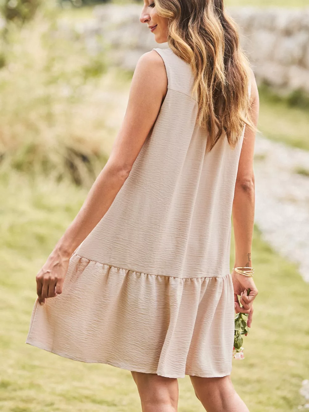 Sleeveless Button Front Tiered V Neck Textured Mini Dress, image 2
