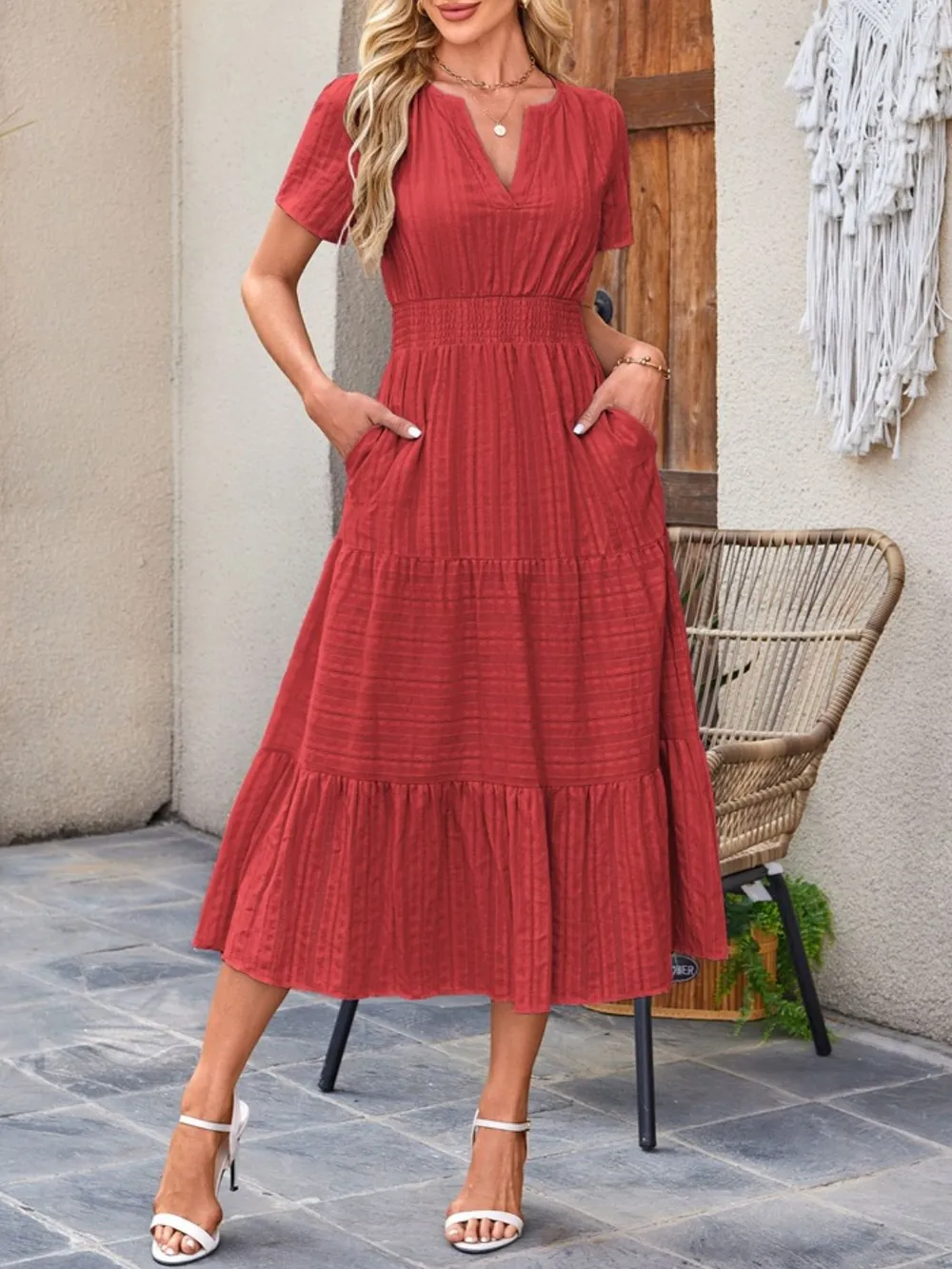 Tiered Notched Short Sleeve Dress, image 21