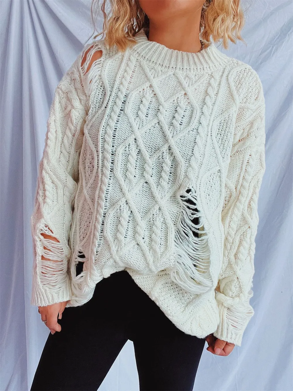 Distressed Cable-Knit Round Neck Long Sleeve Sweater, image 10