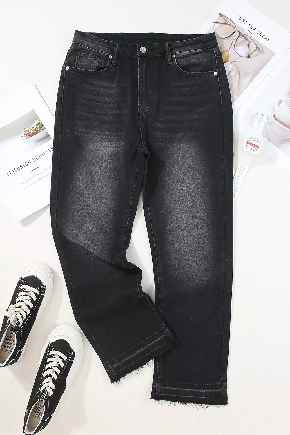 High-Waisted Distressed Hem Straight Leg Jeans, image 10