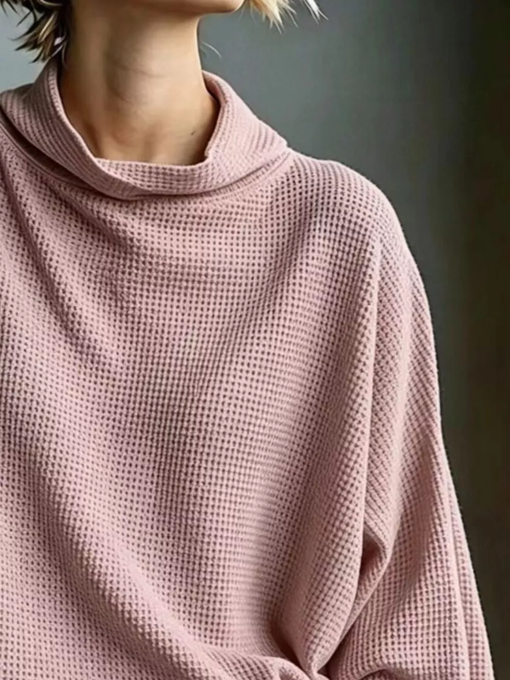 Full Size Oversized Waffle Knit Mock Neck T-Shirt Plus Size, image 6