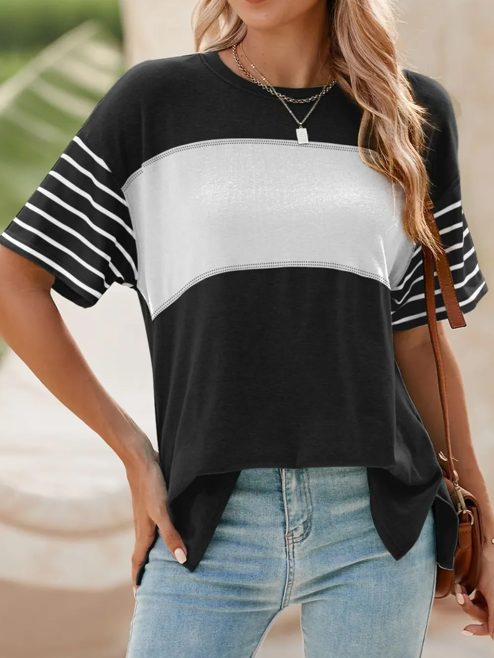 Color Block Striped Sleeve Casual T-Shirt, image 23