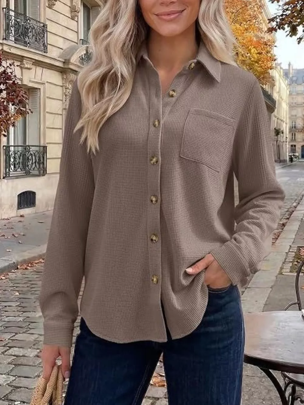 Waffle Knit Button-Down Long Sleeve Shirt, image 3
