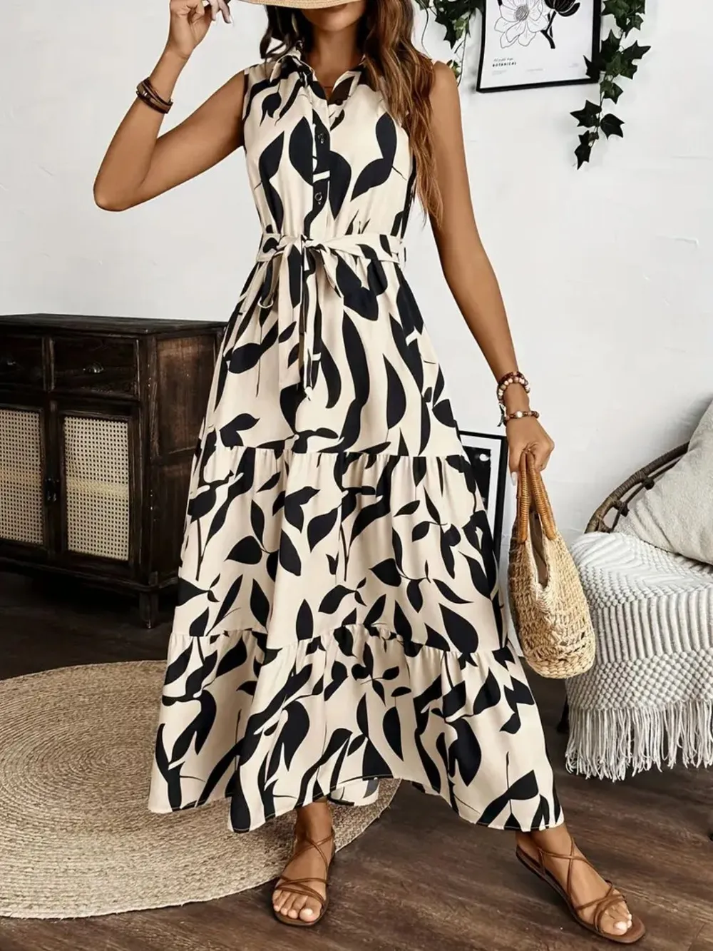 Printed Tie Waist Sleeveless Maxi Dress, image 11