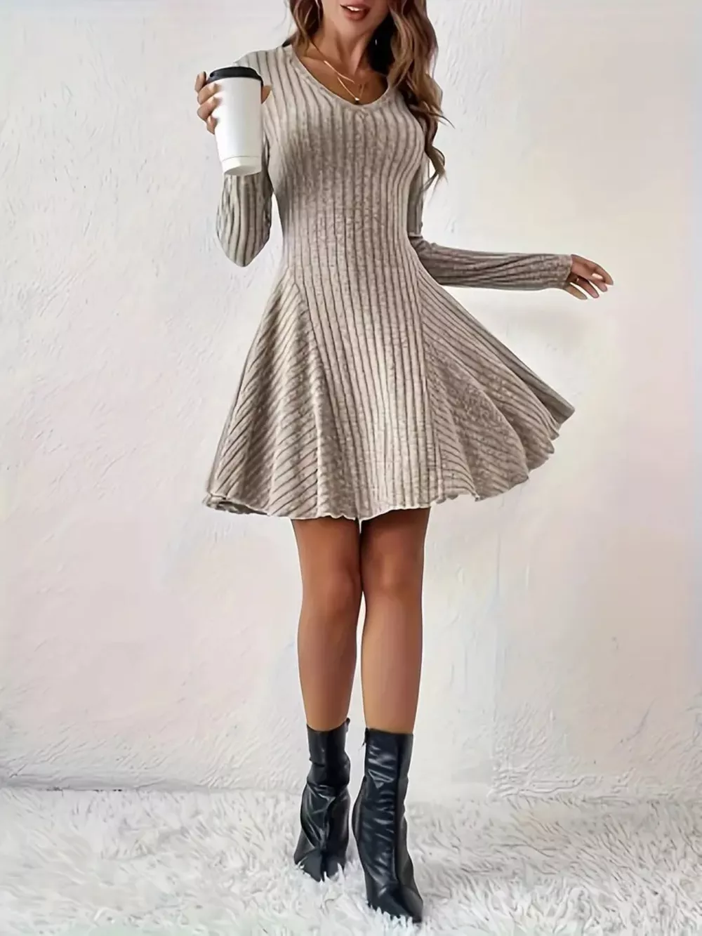Ribbed Knit Long Sleeve A-Line Dress, image 11
