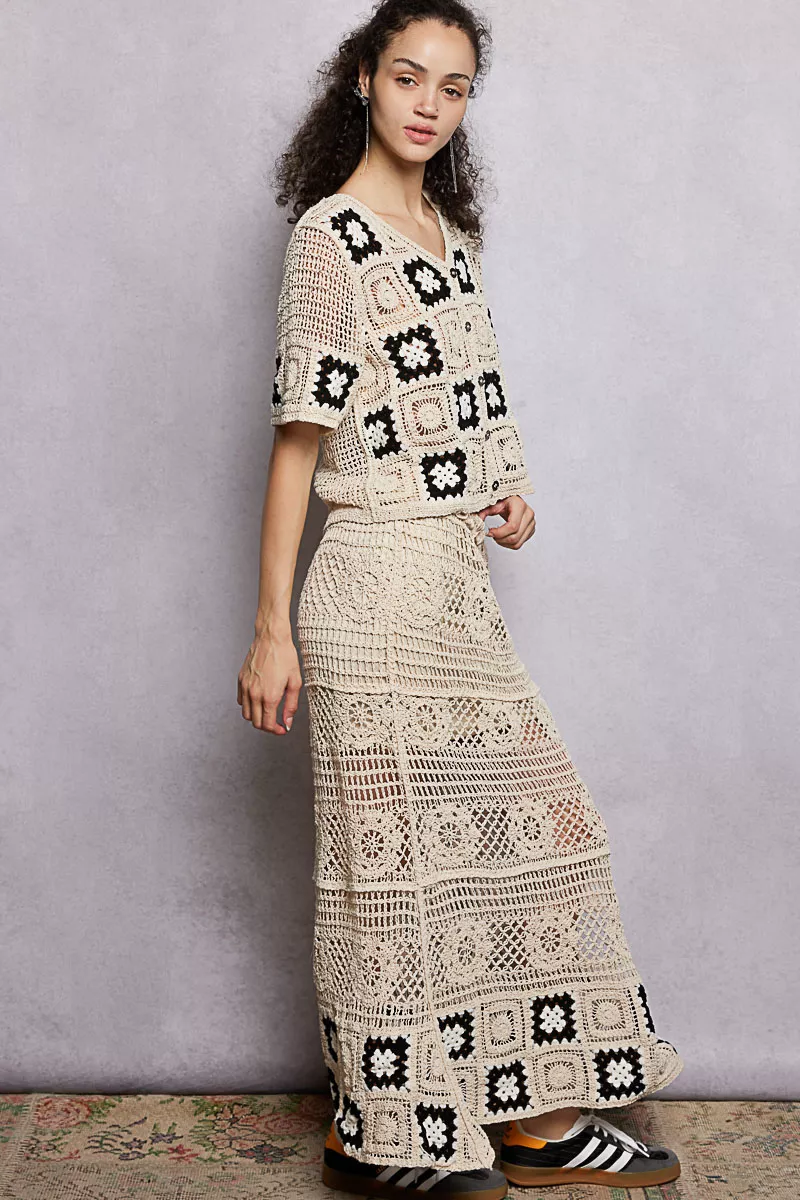 Floral Crochet Ruffled Waistband Maxi Skirt with Granny Square Weave, image 5