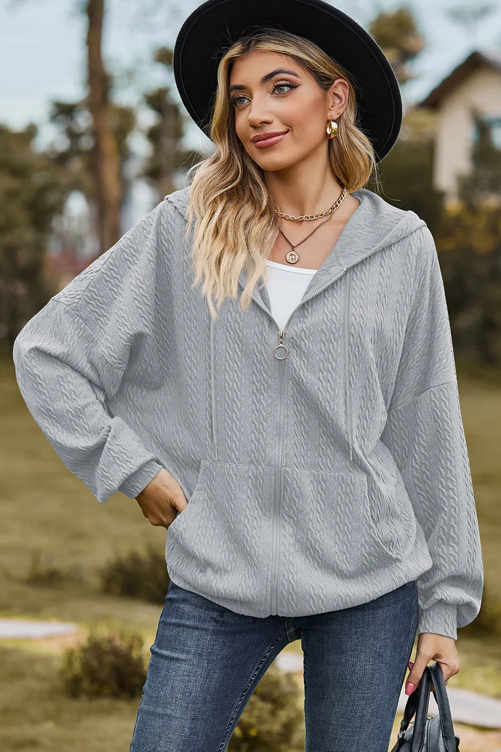 Drawstring Zip Up Dropped Shoulder Hoodie, image 12