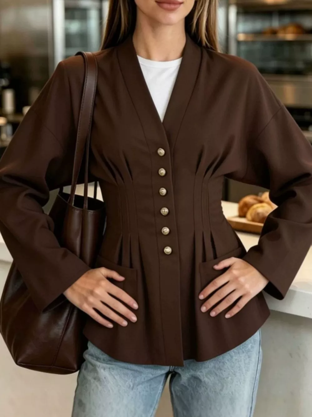Pleated Waist Blouse with Button Detail, image 3