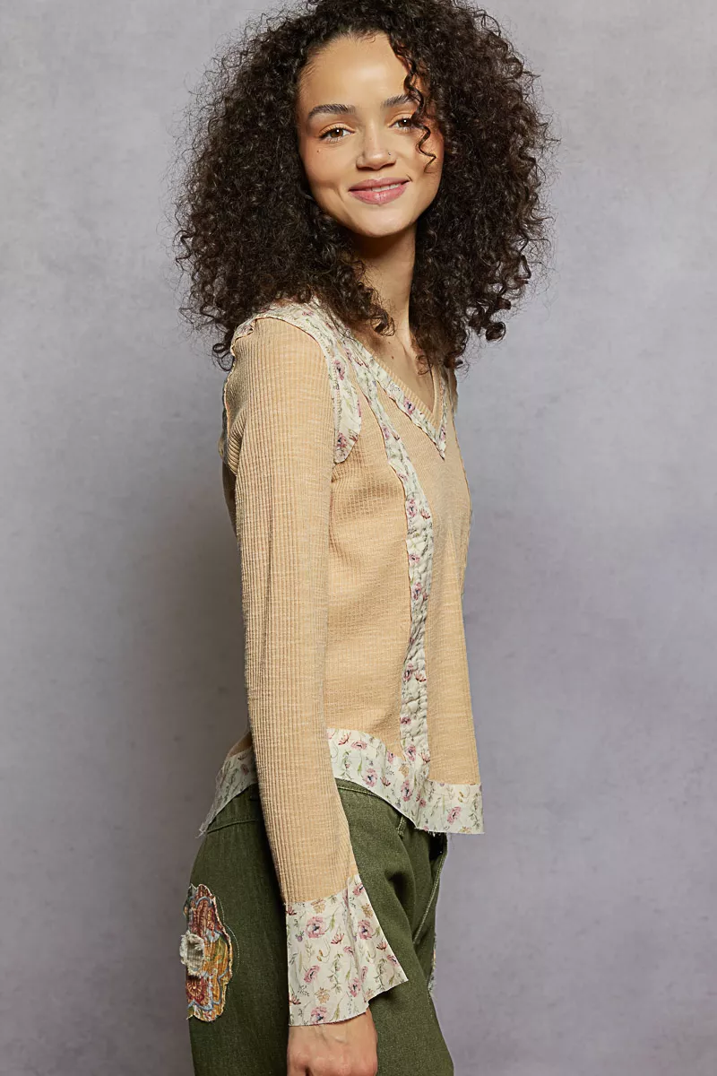 Floral Patch V-Neck Long Sleeve Ribbed Top, image 3