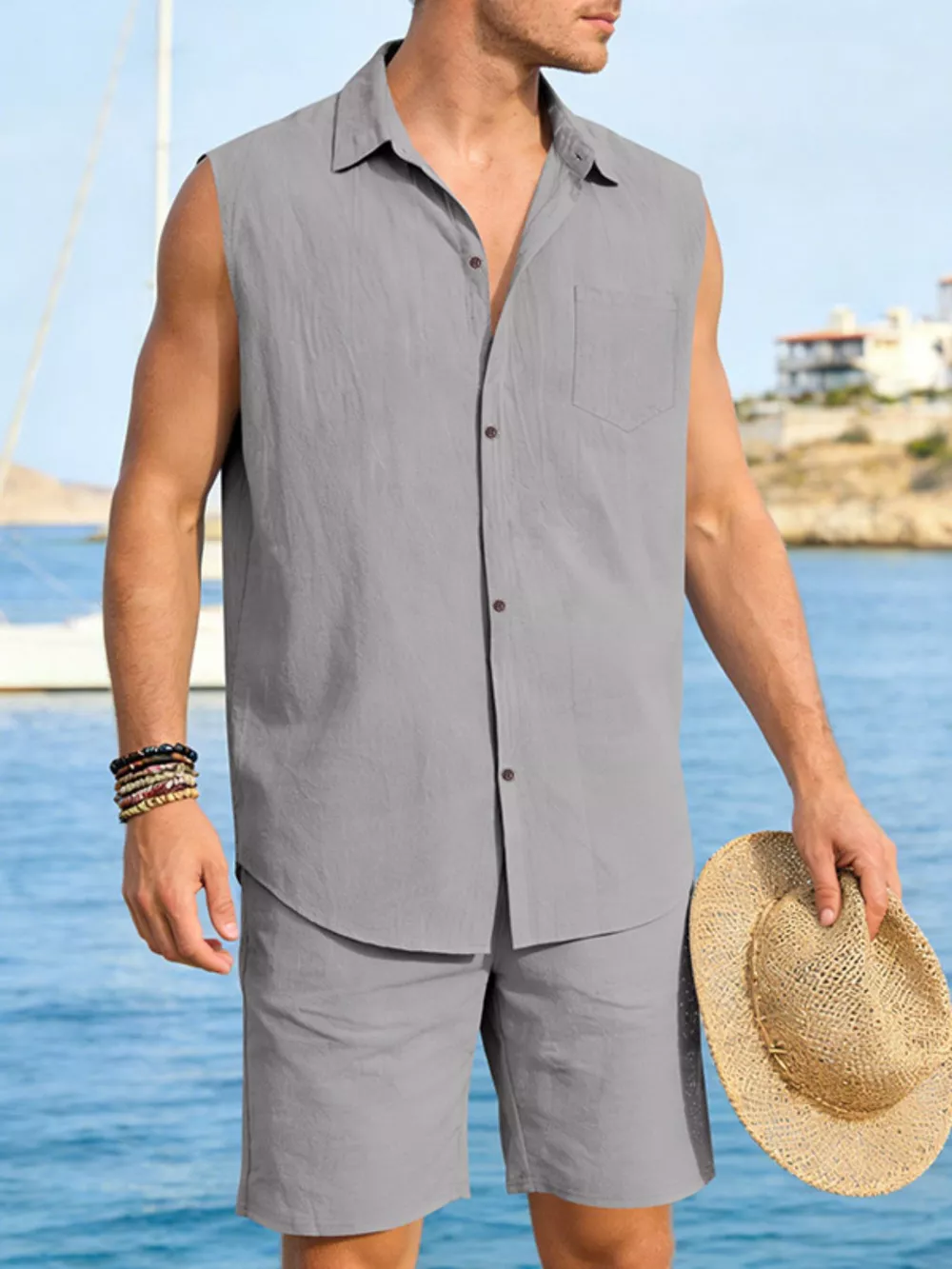 Men's Full Size Button Up Sleeveless Top and Shorts Plus Size, image 16