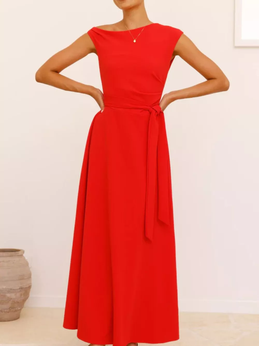 Single Shoulder Tie Waist Maxi Dress, image 14