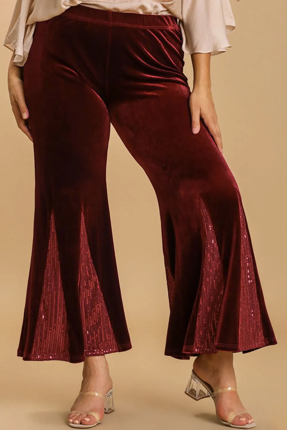 Full Size Sequin Elastic Waist Velvet Stretch Flare Leg Pants Plus Size, image 3