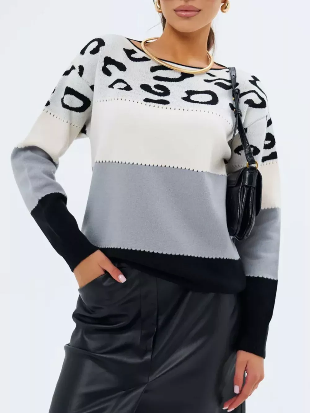 Full Size Leopard Color Block Long Sleeve Sweater Plus Size, image 5