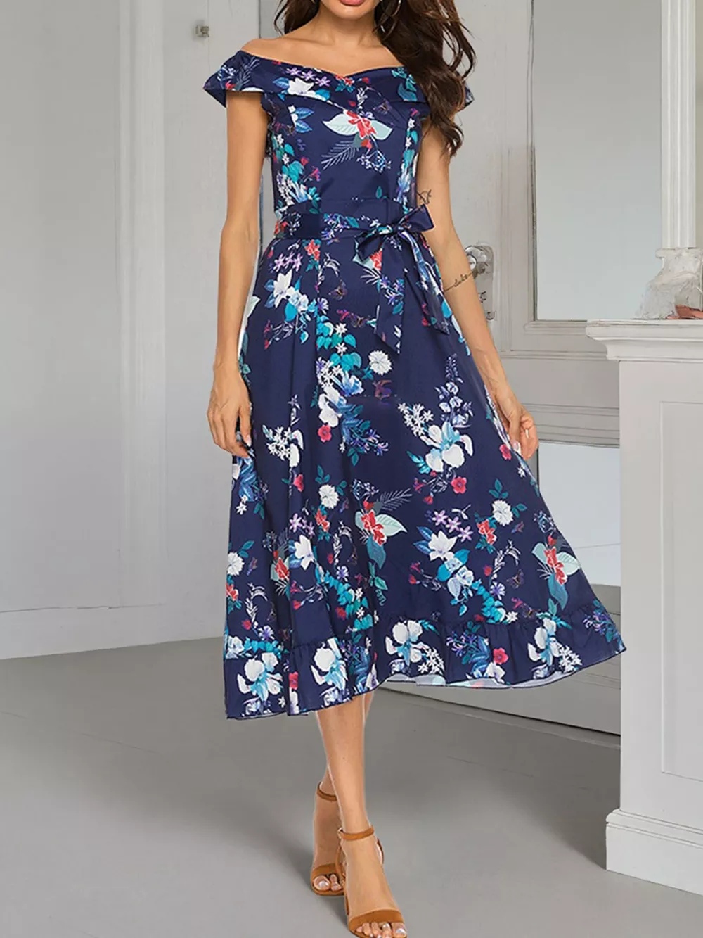 Floral Print Off Shoulder Midi Dress, image 4