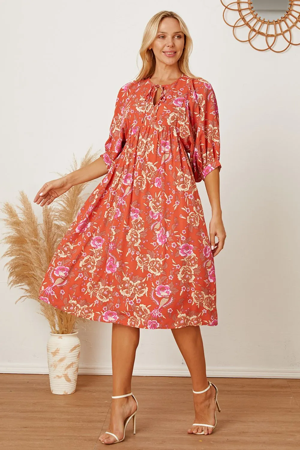 Floral Tie Neck Half Sleeve Dress, image 2