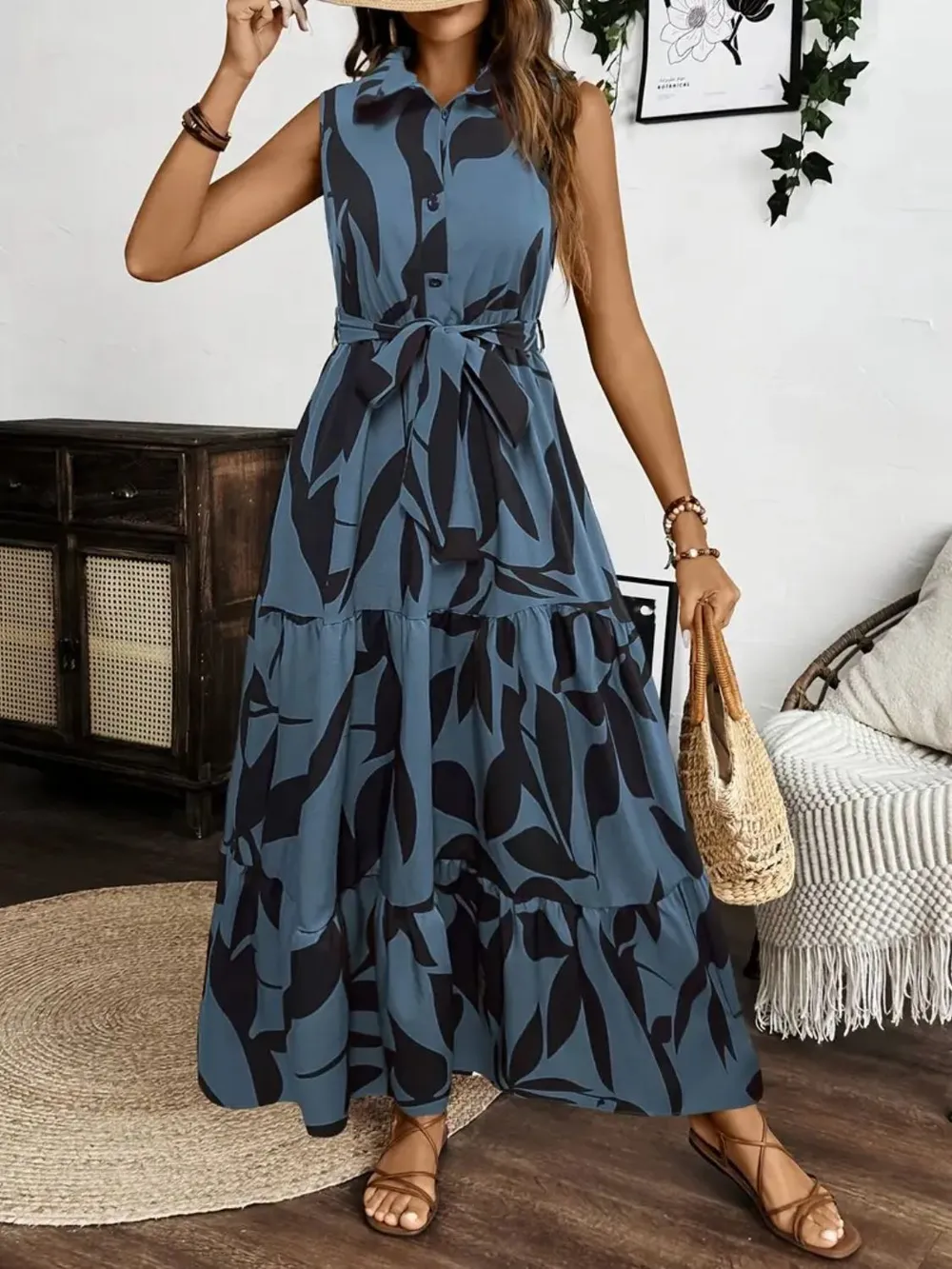 Printed Tie Waist Sleeveless Maxi Dress, image 12
