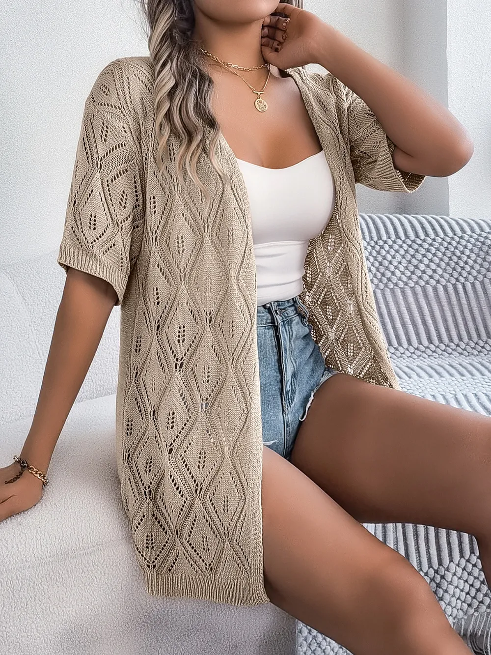 Openwork Open Front Half Sleeve Cardigan, image 9