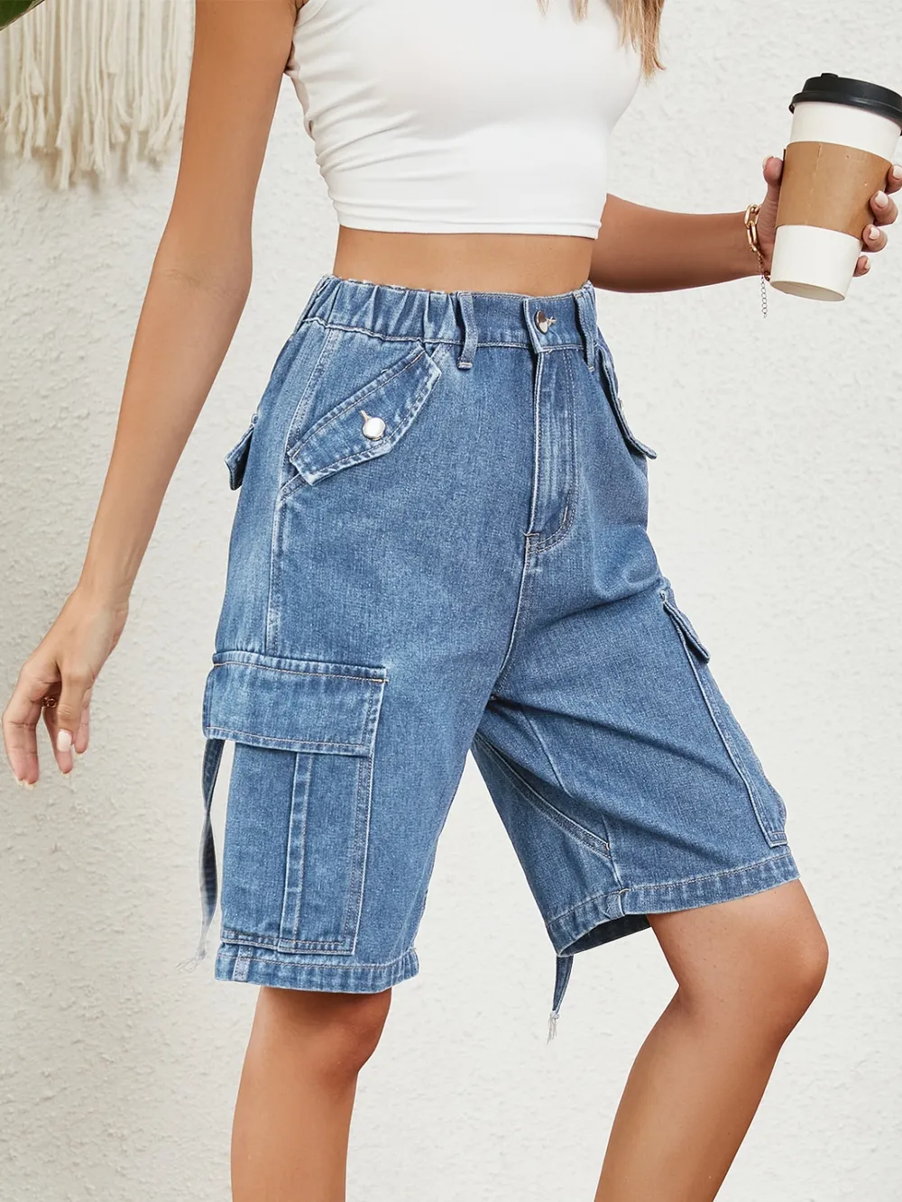 High Waist Denim Shorts with Pockets, image 19