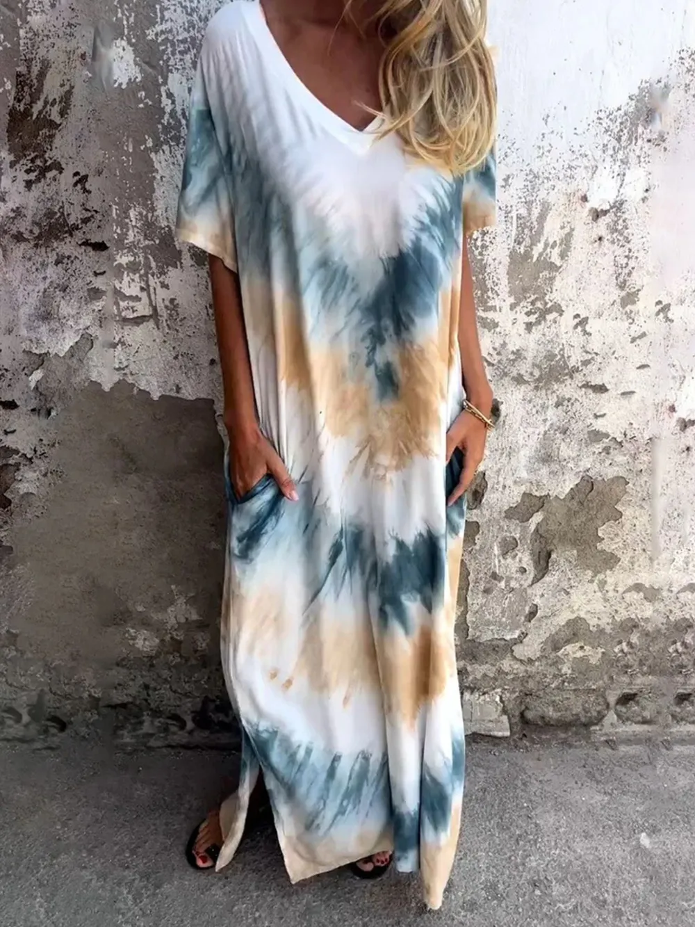 Full Size Tie-Dye V-Neck Midi Dress with Pockets Plus Size, image 12